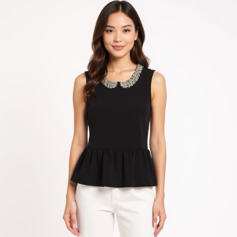 H & M black sleeveless beaded neckline side zip peplum top size 6 elegant - Picture 1 of 6